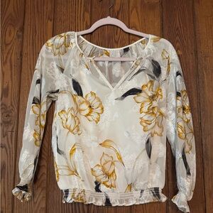 White House Black Market Sheer Floral V-Neck Blouse — White and Mustard